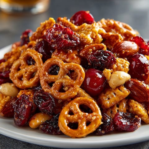 Golden, crunchy Cherry-Coded Hot Honey Pretzel Crunch Mix, a sweet and spicy snack, ready to eat.