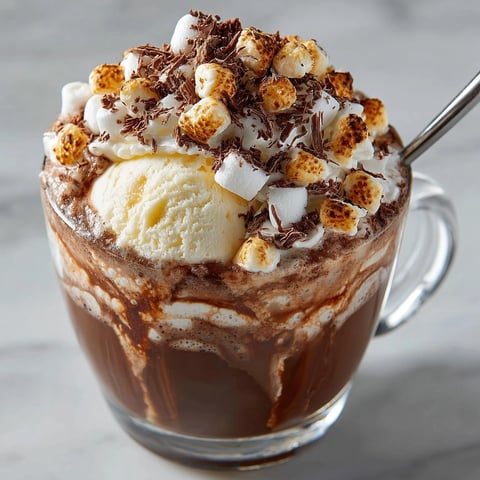 Steaming mug shows a Root Beer Marshmallow Peak Cocoa Float, with golden, toasted marshmallows floating high.