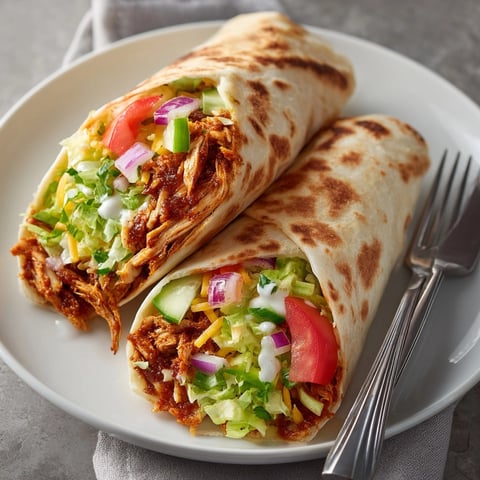 Chicken wraps in 5 minutes sliced open to reveal juicy chicken, crisp veggies, and creamy sauce.