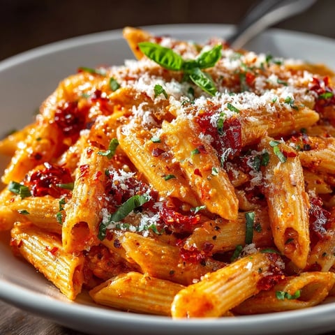 Creamy Tomato Pasta topped with fresh basil and Parmesan, served in a cozy bowl.