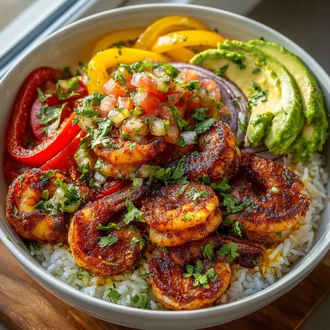 Colorful shrimp fajita rice bowls topped with sautéed peppers, fresh cilantro, and creamy avocado slices
