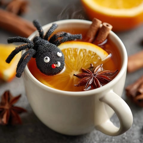 Delicious, dark-garnished Spider Cider simmers warmly, ready for Halloween celebrations and cozy nights.