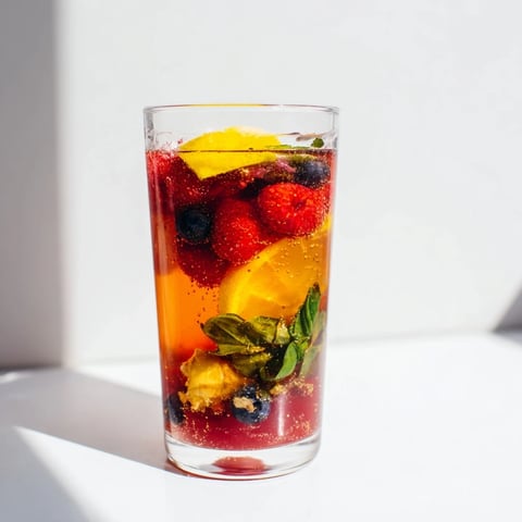 Vibrant, homemade kombucha-style mocktails, beautifully garnished with fresh berries and mint.  