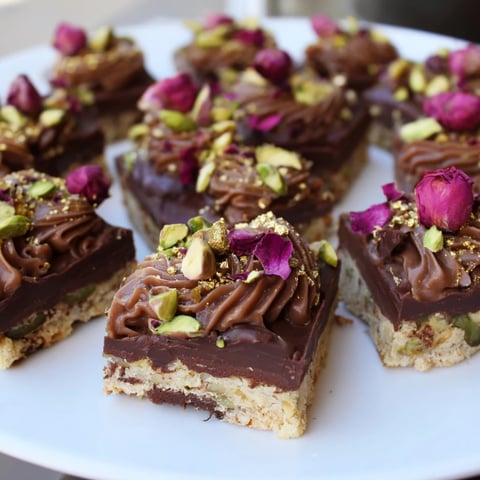 Decadent Chocolate Bar Inspired Creations topped with spiced date caramel and rose petals.  