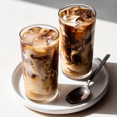 Creamy tahini iced coffee served over ice, a refreshing vegan beverage.  