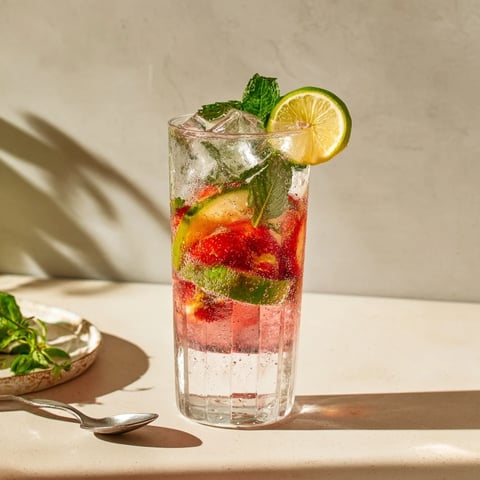 Refreshing water-based mocktails with fresh fruit and mint served in tall glasses.  