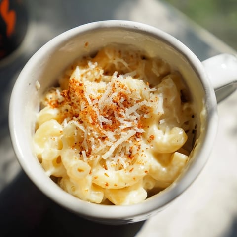Steaming, golden-cheese Mug Mac & Cheese bubbles in a microwave-safe mug; a perfect quick meal.