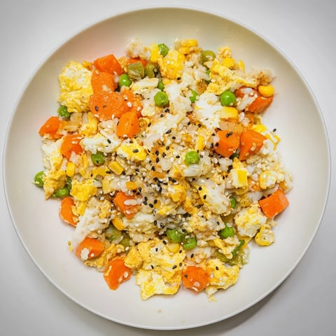 Golden-yellow Frozen Veggie Fried Rice, with visible peas, carrots, and fluffy egg, ready to be served.