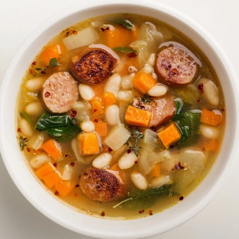 Steaming bowl of Simple Sausage and White Bean Soup, garnished, ready for a warm and comforting meal.