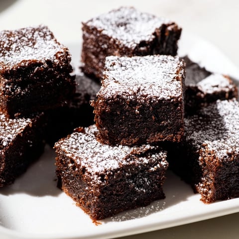 Fudgy brownie squares, dusted with powdered sugar, ready to eat alongside a cup of coffee.