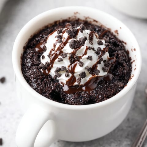 Steaming, freshly microwaved Oreo mug cake topped with whipped cream, perfect for a quick dessert.