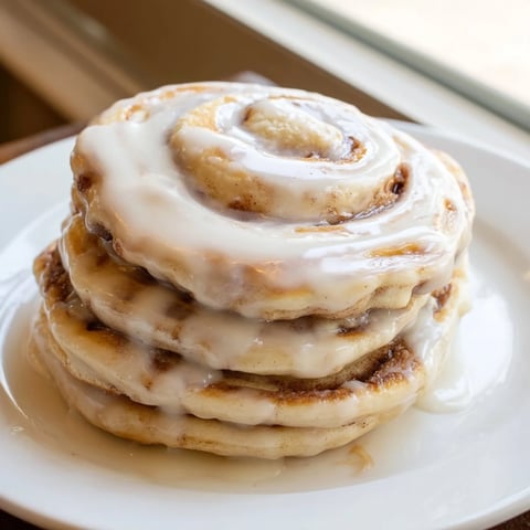 Golden brown Cinnamon Roll Pancakes drizzled with sweet cream cheese frosting, a delightful breakfast.