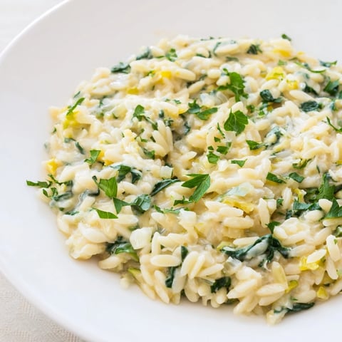 A steaming bowl of one-pot creamy orzo with fresh parsley, Parmesan cheese, and wilted spinach.