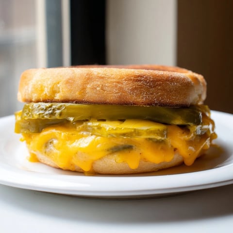 Close-up of a crispy Pickle Bread Sandwich: melted cheese hugging tangy pickles, ready to eat.