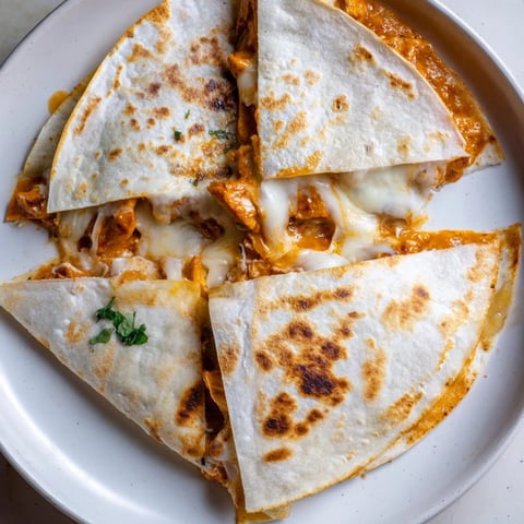 Golden Butter Chicken Quesadillas sliced and ready to serve, brimming with cheese and spiced chicken.