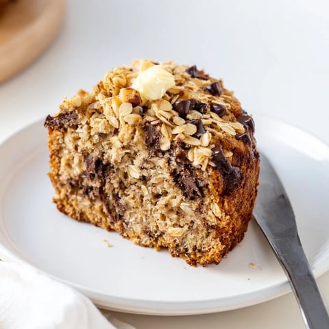 Moist slices of Chocolate Chip Peanut Butter Oatmeal Banana Bread reveal melted chocolate chips and hearty oats, perfect for breakfast.