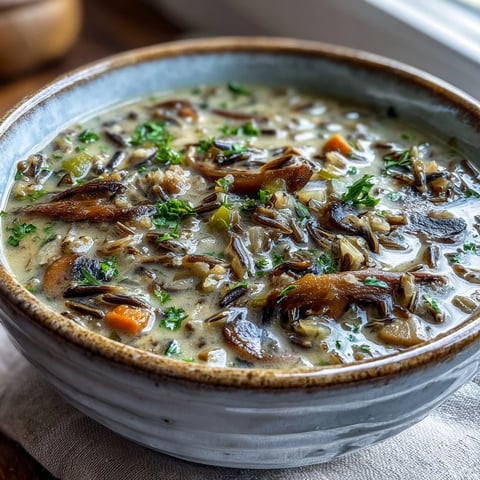 Creamy Wild Rice Mushroom Soup with fresh parsley garnish, served steaming in a rustic bowl for a comforting vegetarian meal.