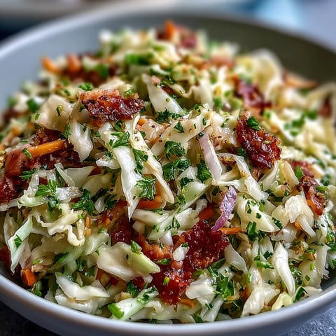 Freshly tossed German Cabbage Coleslaw With Shredded Ham highlights crisp purple and green cabbage ribbons mixed with savory smoked ham pieces and a tangy dressing.