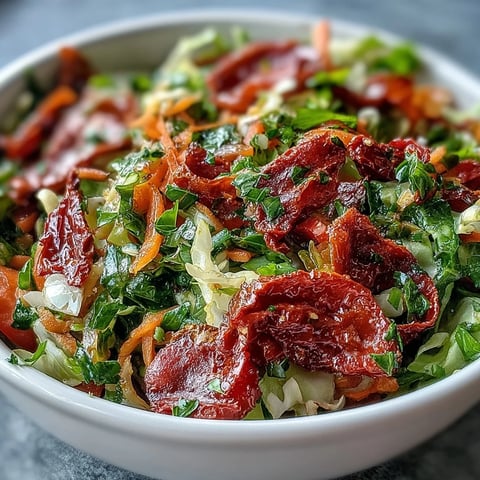 Freshly tossed cabbage salad with sun-dried tomatoes is served in a white bowl with green herbs. 
