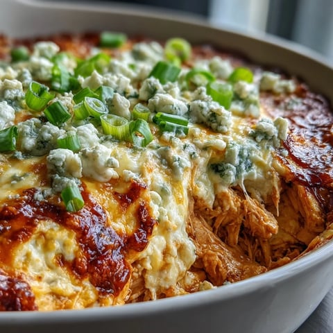 Steaming hot Buffalo Chicken Dip bubbling from the oven, topped with melted cheddar and fresh green onions.