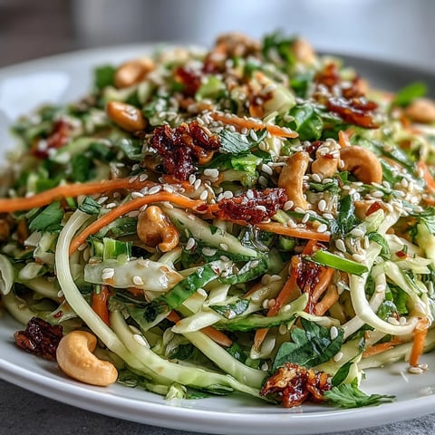 A bowl of Asian Cabbage Salad with a sesame-ginger dressing, topped with chopped cashews.