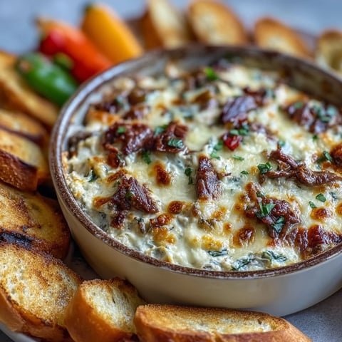 Golden-baked Philly Cheesesteak Dip in a dish, topped with bubbly provolone, served with toasted baguette slices for dipping.
