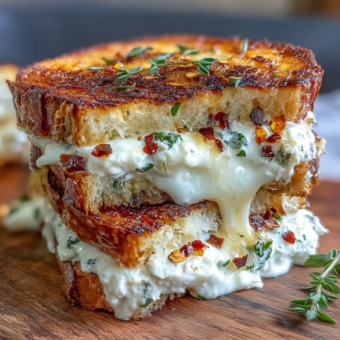 Golden-brown sourdough halves ooze with creamy goat cheese and honey, garnished with red chili flakes.