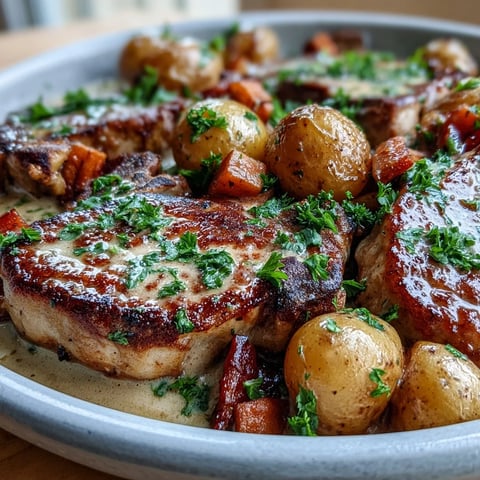 Golden Crockpot Ranch Pork Chops in creamy gravy served with tender carrots and potatoes for dinner.