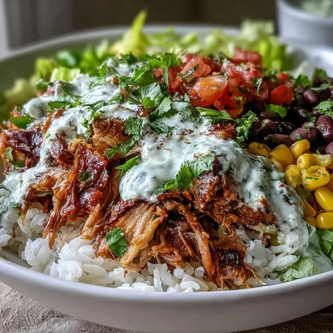 Golden brown, slow-cooked carnitas pile high on fluffy rice in this vibrant Carnitas Burrito Bowl.