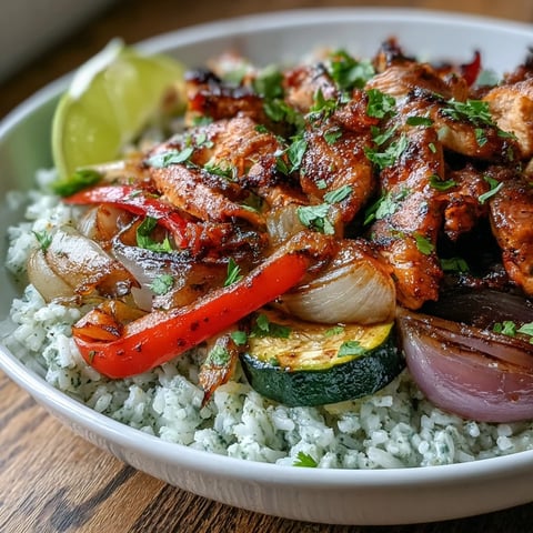 A close-up of Sheet Pan Fajita Bowl featuring juicy roasted chicken strips and charred colorful bell peppers piled over fluffy cauliflower rice, topped with fresh avocado slices and a lime wedge.