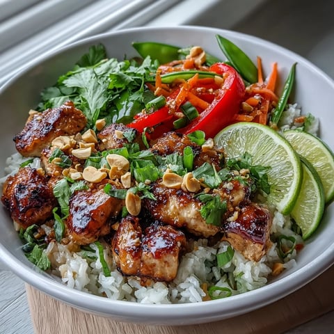 Thai Chicken Coconut Bowl with fluffy coconut rice, juicy chicken, and crisp red bell peppers garnished with chopped peanuts.