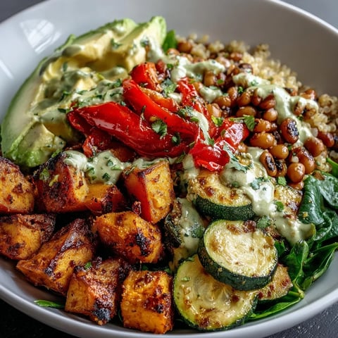 Golden roasted sweet potatoes and bell peppers top a quinoa and black-eyed pea Buddha bowl, garnished with avocado and drizzled with creamy tahini dressing on a rustic plate.