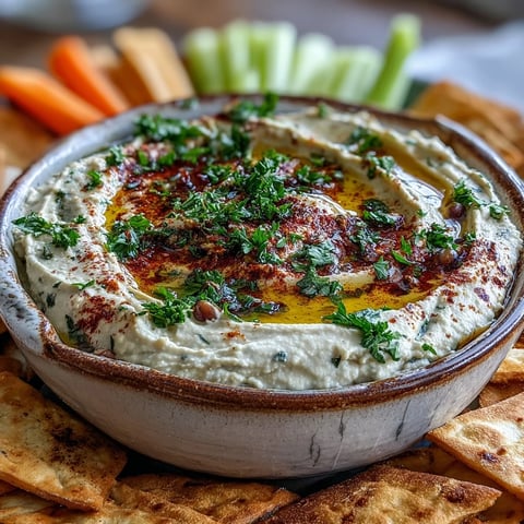 Creamy Black-Eyed Pea Hummus topped with paprika and parsley in a rustic bowl.