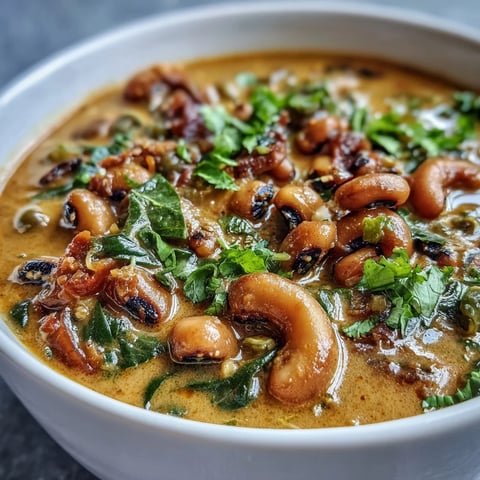 Creamy Black-Eyed Pea Curry simmering in a pot, dotted with fresh cilantro and bright green peas for a vibrant finish.