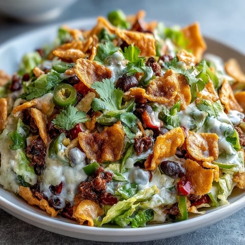 Frito Cowboy Cabbage salad in a white bowl features coleslaw mix, black beans, corn, and red bell peppers tossed in creamy chipotle dressing.