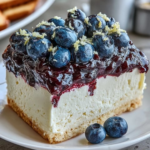 Golden, buttery shortbread crust topped with swirling lemon mousse and vibrant blueberry compote slices.