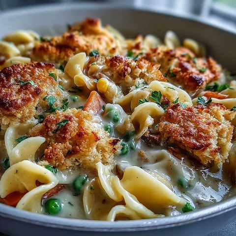 Golden-brown biscuit crumb topping on creamy veggie pot pie pasta in a skillet.