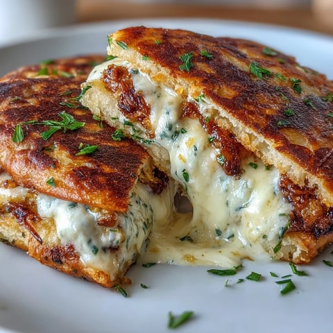 Freshly grilled Brown Butter Garlic Naan Grilled Cheese, featuring crispy golden-brown bread and melted mozzarella cheese oozing from the sandwich.