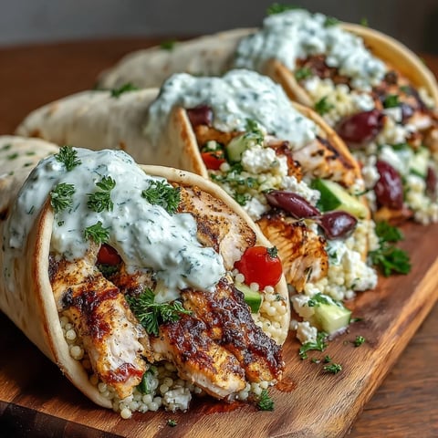 Warm Greek Chicken Feta Stuffed Pitas filled with fresh salad and creamy tzatziki sauce.
