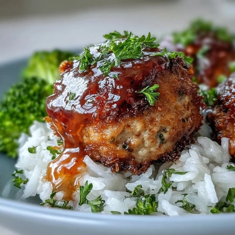 Glazed Honey Garlic Turkey Meatballs rest on fluffy rice, with bright green steamed broccoli florets alongside.