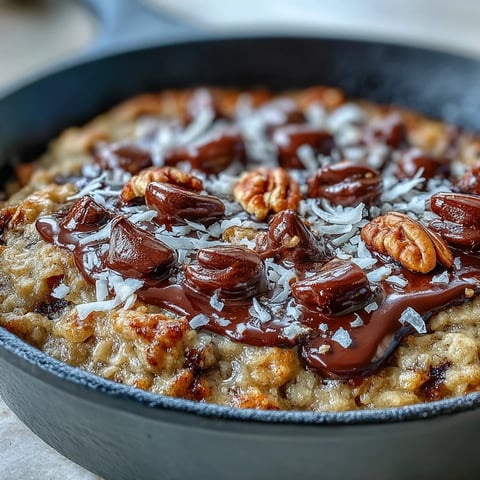 Warm Chunky Monkey Oatmeal Cookie Skillet topped with vanilla ice cream melting over gooey chocolate chunks.
