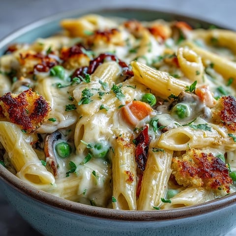 Golden-brown biscuit crumb topping on creamy veggie pot pie pasta, bubbling with corn and peas in a rich sauce.