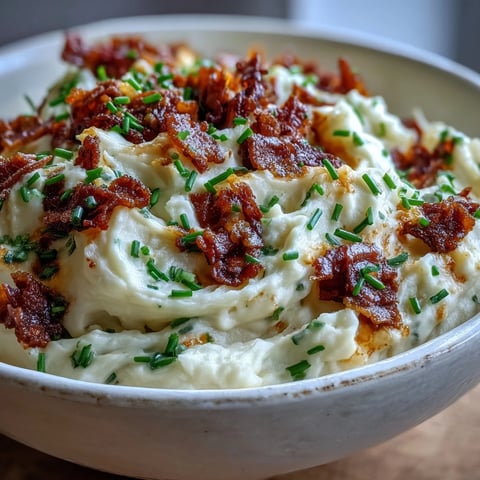 Creamy Keto Bacon and Cheddar Cauliflower Mash served warm in a rustic bowl, garnished with fresh chives and extra crispy bacon crumbles.