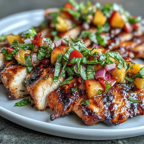 Grilled Chicken with Peach Basil Salsa served with fresh lime wedges and grilled char marks for a summer meal.