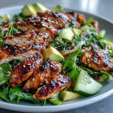 A vibrant grilled chicken salad with mango and green tea marinade, topped with toasted sesame seeds and fresh greens.