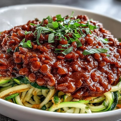 A vibrant bowl of vegan lentil Bolognese served over fresh spiralized zucchini and carrots, topped with chopped basil and a sprinkle of nutritional yeast.  