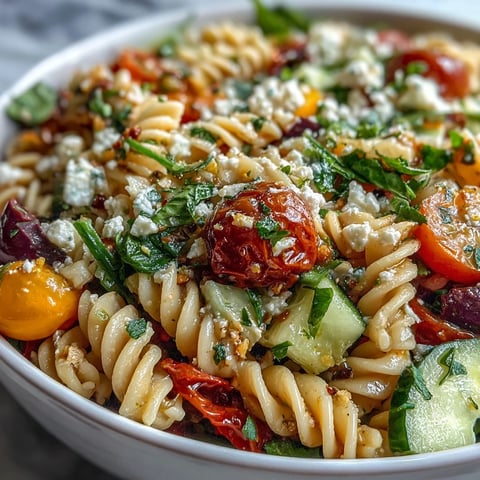 Fresh summer Greek pasta salad with extra veggies and light feta, featuring whole grain fusilli, crisp cucumbers, and juicy cherry tomatoes tossed in a tangy lemon-oregano dressing.