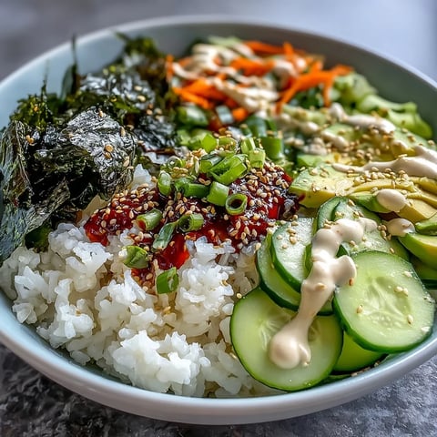 A colorful sushi bowl with seasoned rice, crisp cucumber, creamy avocado, and savory nori strips, drizzled with spicy mayo.  