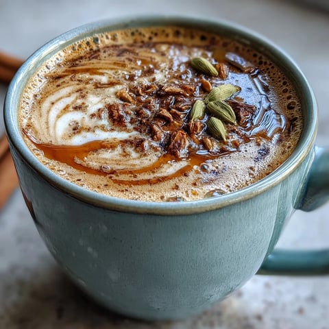 Aromatic cardamom chai latte with frothy milk, cinnamon, and warming spices in a cozy mug.