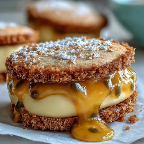 Delicate sugar cookies filled with tangy passionfruit curd, perfect for elegant teatime treats.